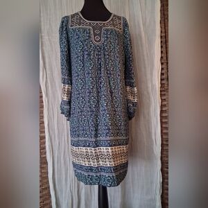 Esley Navy and Cream Floral Long-Sleeve Boho Dress